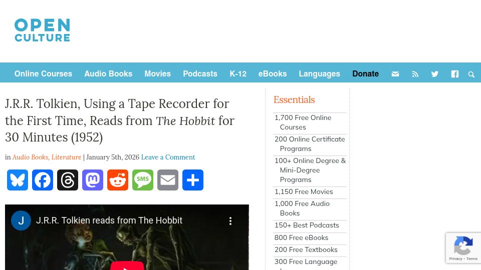 Screenshot of openculture.com: JRR Tolkien reads from The Hobbit for 30 Minutes (1952)