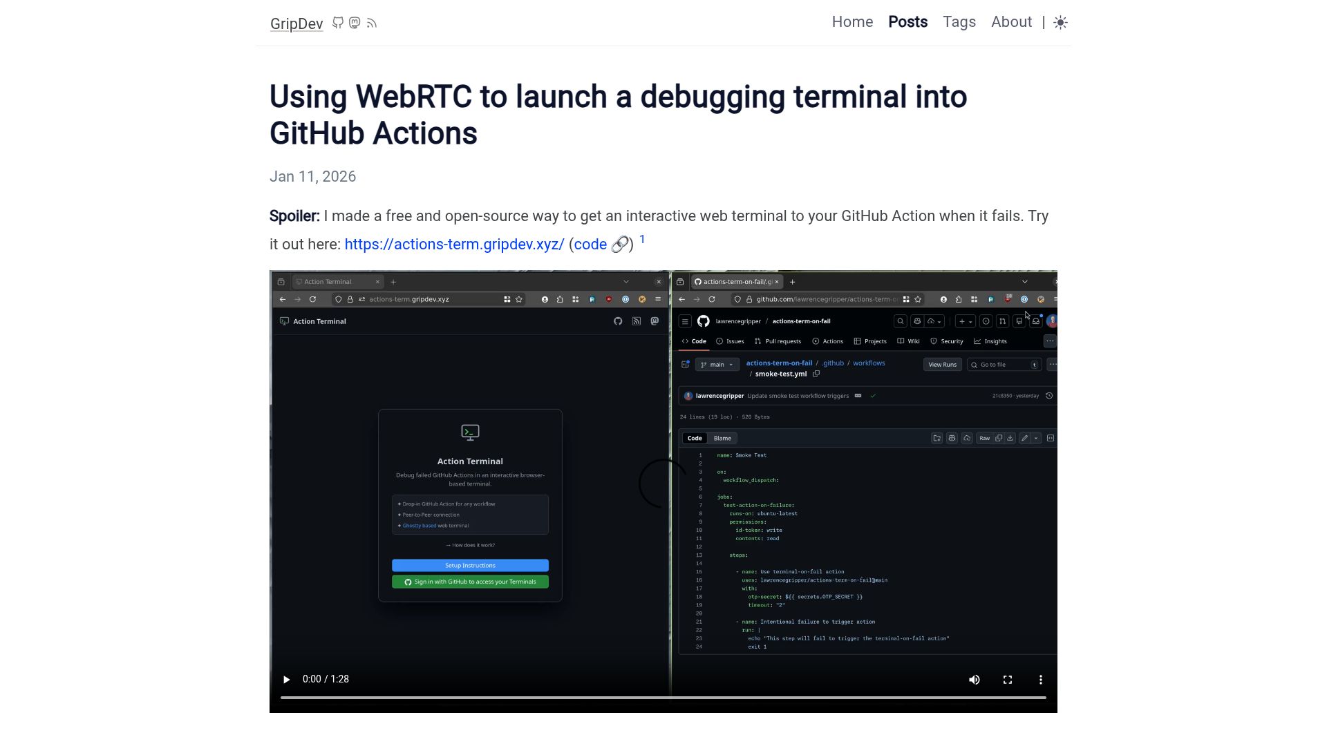 Screenshot of blog.gripdev.xyz: Launch a Debugging Terminal into GitHub Actions