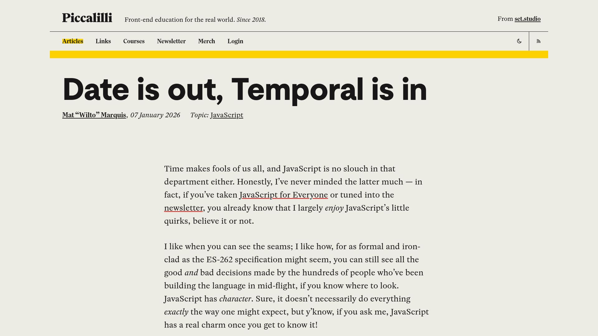 Screenshot of piccalil.li: Date is out, Temporal is in