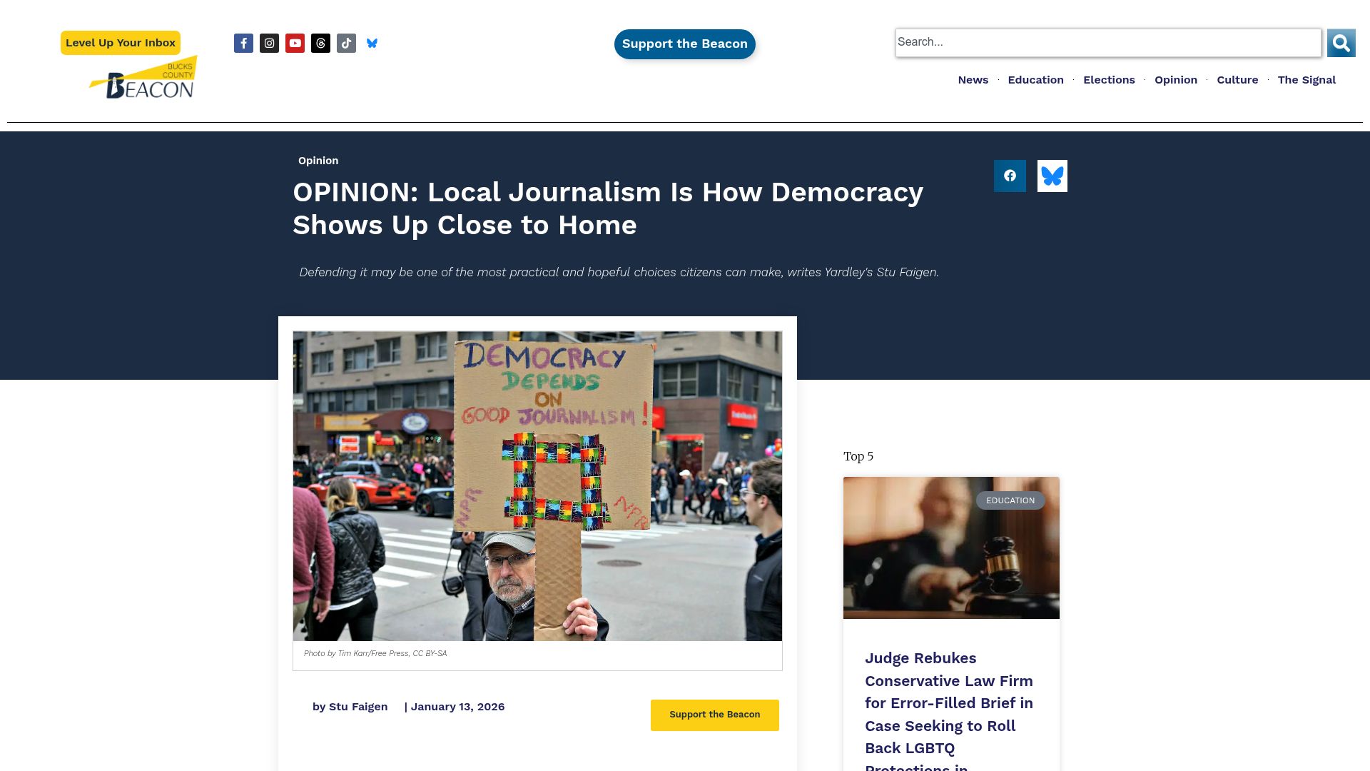 Screenshot of buckscountybeacon.com: Local Journalism Is How Democracy Shows Up Close to Home