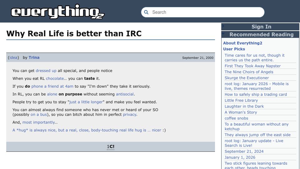 Screenshot of everything2.com: Why Real Life is better than IRC (2000)