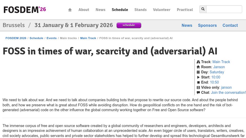 Screenshot of fosdem.org: FOSS in times of war, scarcity and (adversarial) AI [video]