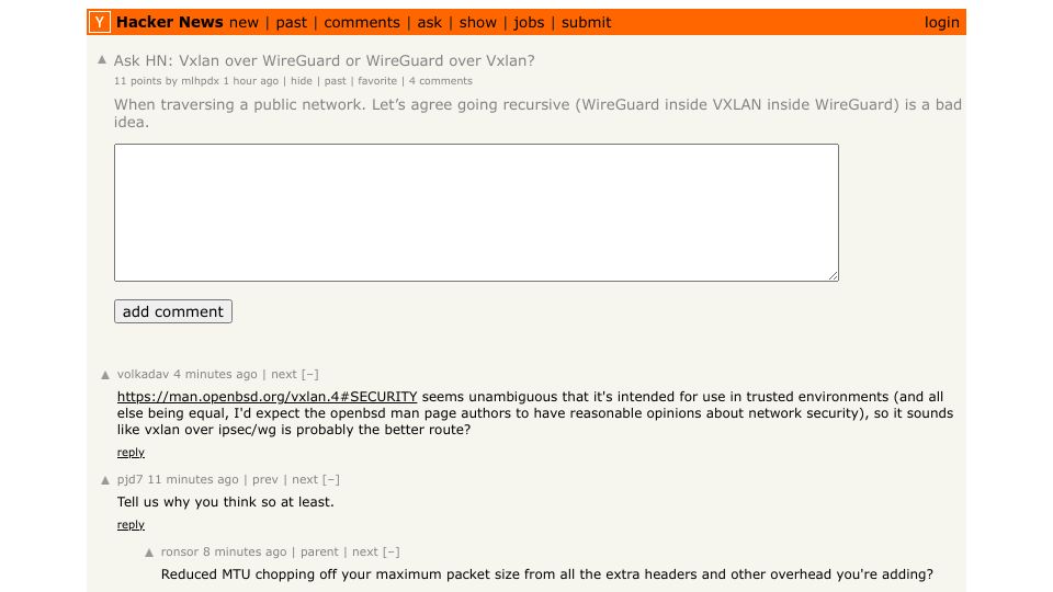 Screenshot of Hacker News post: Ask HN: Vxlan over WireGuard or WireGuard over Vxlan?
