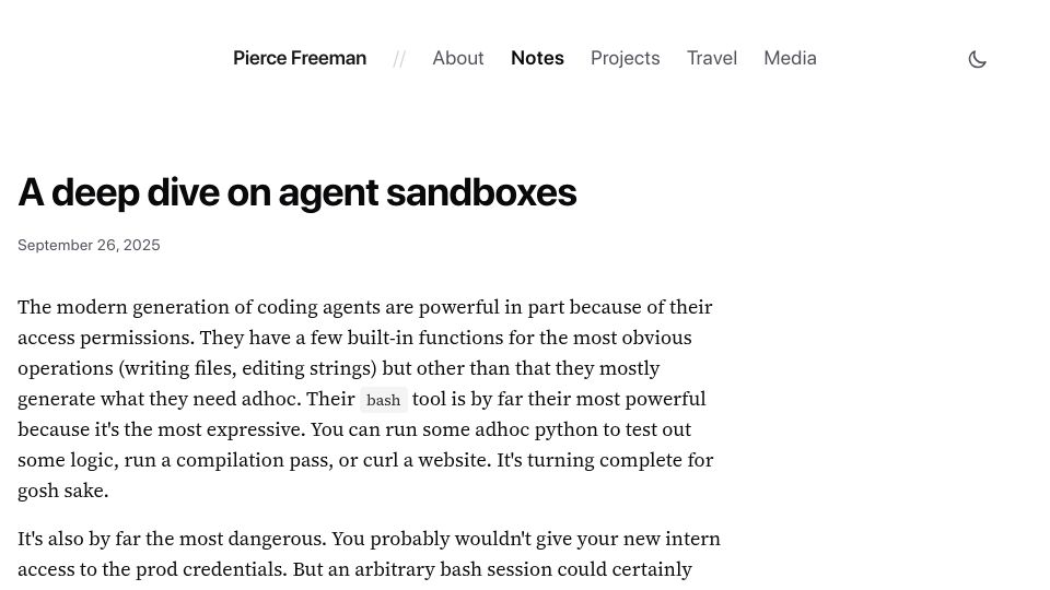Screenshot of pierce.dev: A deep dive on agent sandboxes
