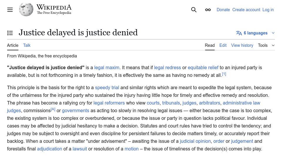 Screenshot of en.wikipedia.org: Justice Delayed Is Justice Denied