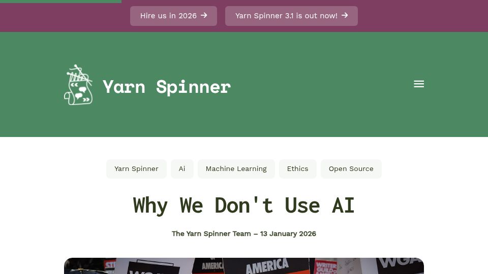 Screenshot of yarnspinner.dev: Why we don’t use AI