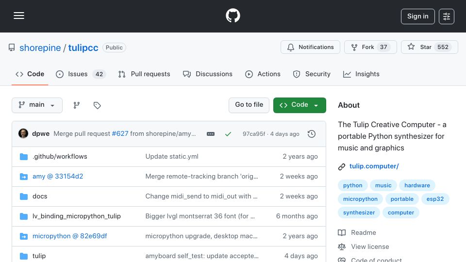 Screenshot of github.com: The Tulip Creative Computer