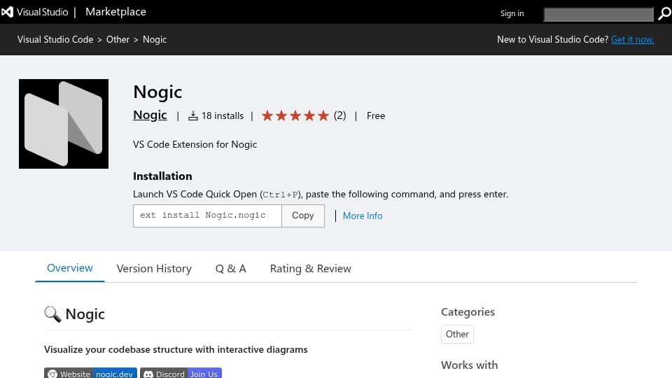 Screenshot of marketplace.visualstudio.com: Show HN: Nogic – VS Code extension that visualizes your codebase as a graph