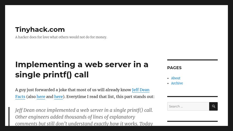 Screenshot of tinyhack.com: Implementing a web server in a single printf() call (2014)