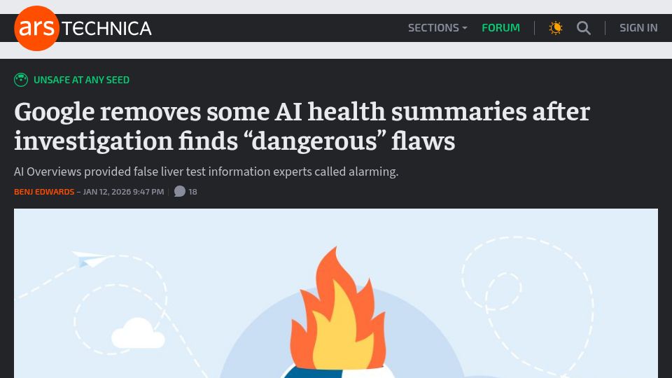 Screenshot of arstechnica.com: Google removes AI health summaries after investigation finds dangerous flaws