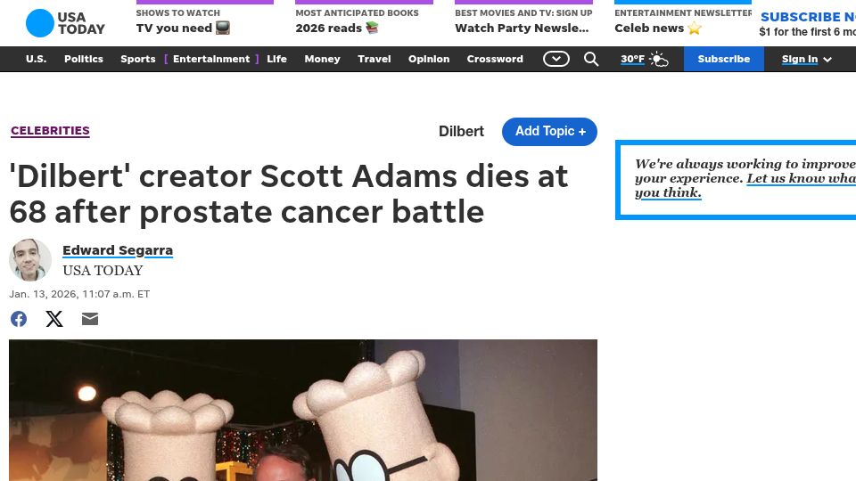 Screenshot of usatoday.com: Scott Adams has died