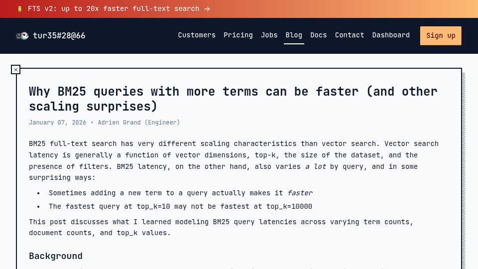 Screenshot of turbopuffer.com: Why BM25 queries with more terms can be faster (and other scaling surprises)