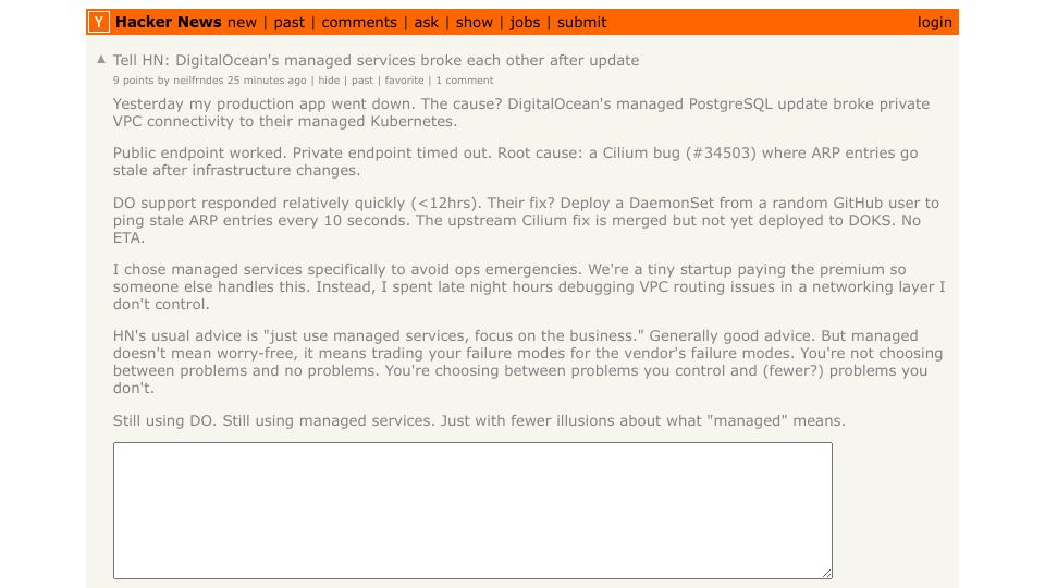 Screenshot of Hacker News post: Tell HN: DigitalOcean's managed services broke each other after update