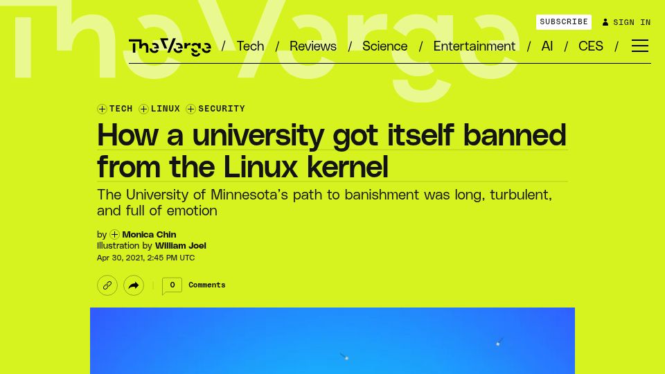 Screenshot of theverge.com: A university got itself banned from the Linux kernel (2021)