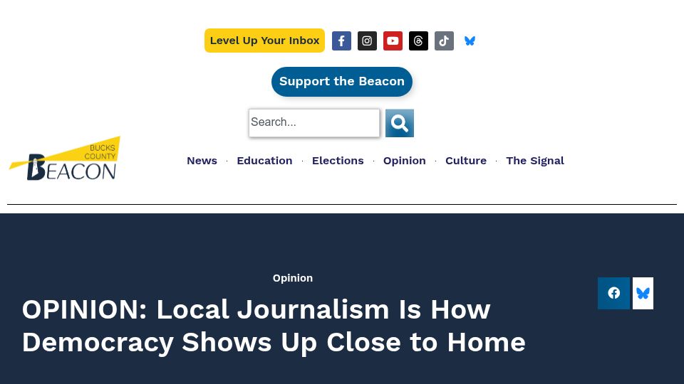 Screenshot of buckscountybeacon.com: Local Journalism Is How Democracy Shows Up Close to Home