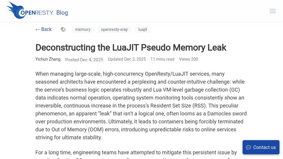 Screenshot of blog.openresty.com: Deconstructing the LuaJIT Pseudo Memory Leak