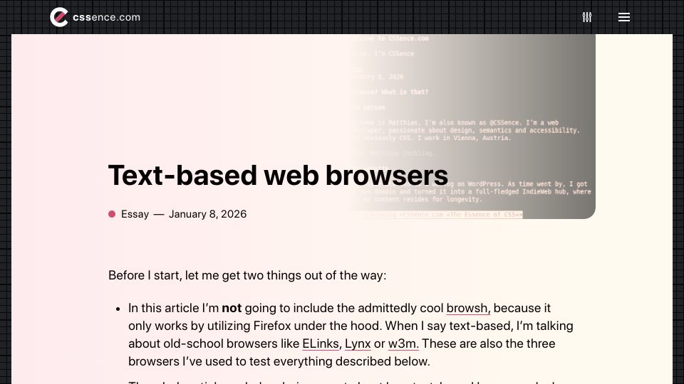 Screenshot of cssence.com: Text-based web browsers