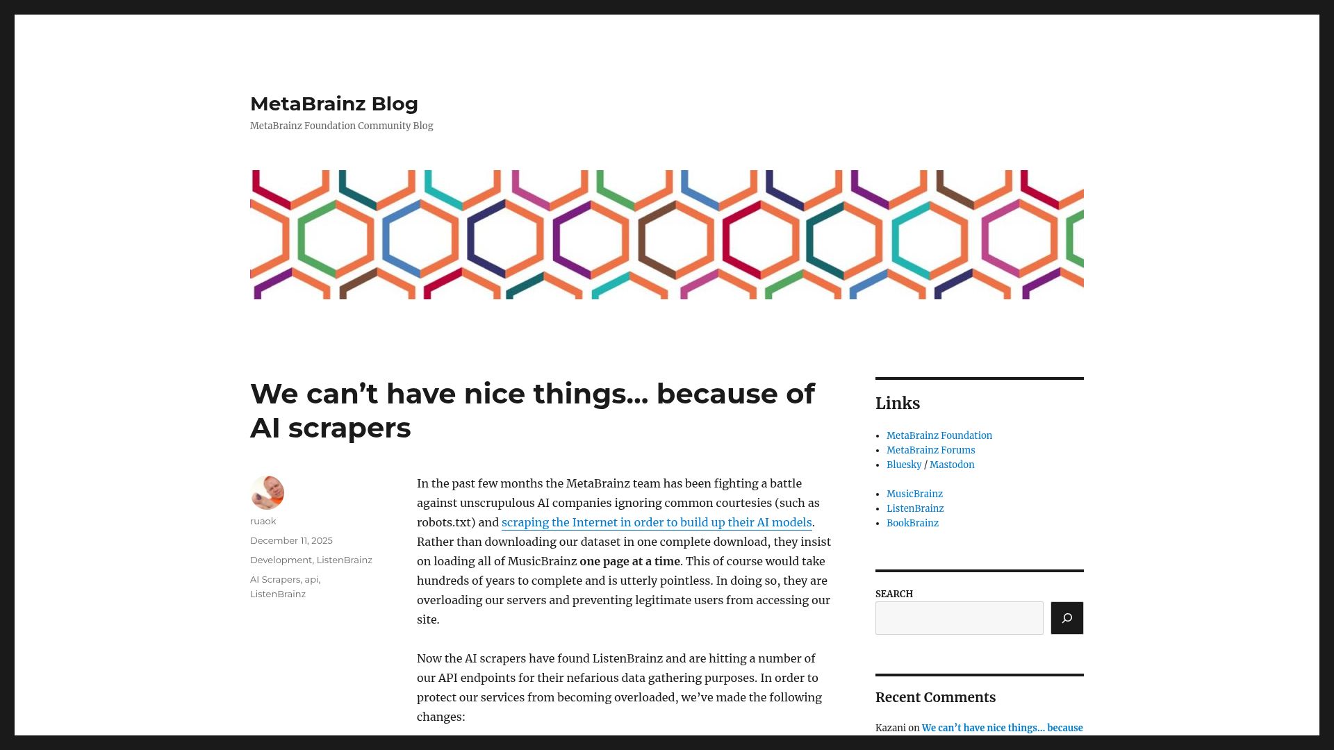 Screenshot of blog.metabrainz.org: We can't have nice things because of AI scrapers