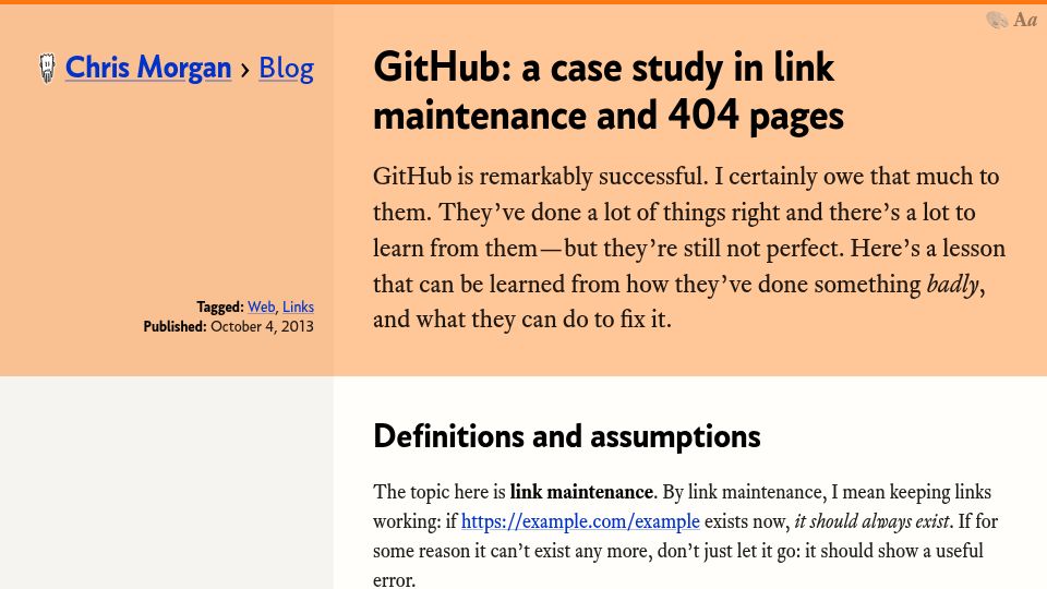 Screenshot of chrismorgan.info: GitHub: A case study in link maintenance and 404 pages (2013)