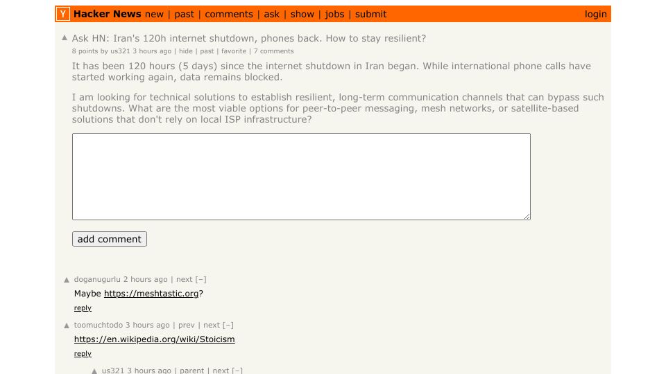 Screenshot of Hacker News post: Ask HN: Iran's 120h internet shutdown, phones back. How to stay resilient?
