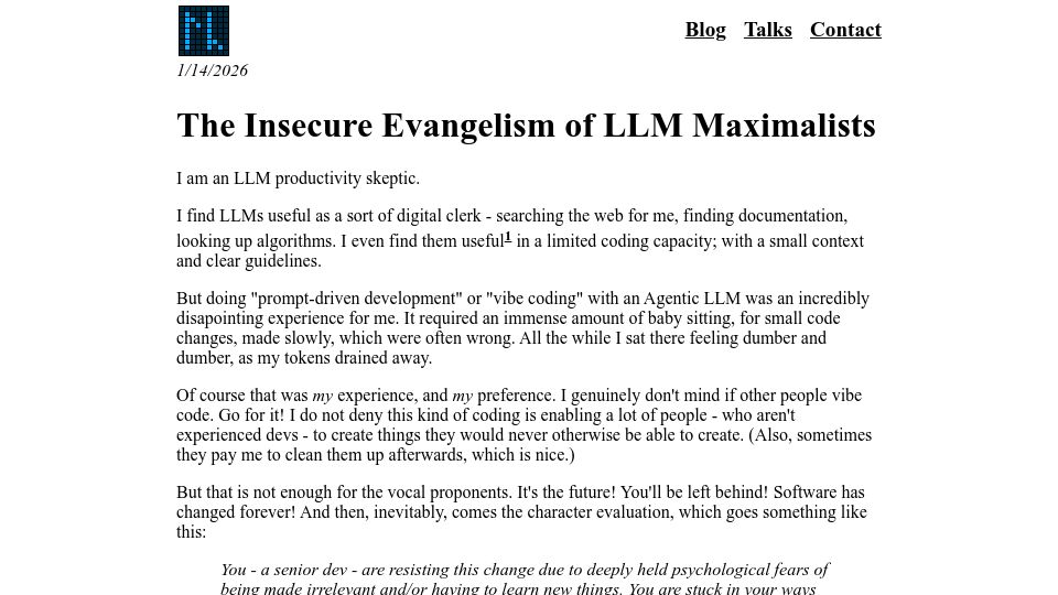 Screenshot of lewiscampbell.tech: The insecure evangelism of LLM maximalists
