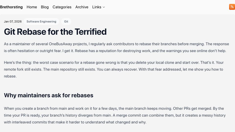Screenshot of brethorsting.com: Git Rebase for the Terrified