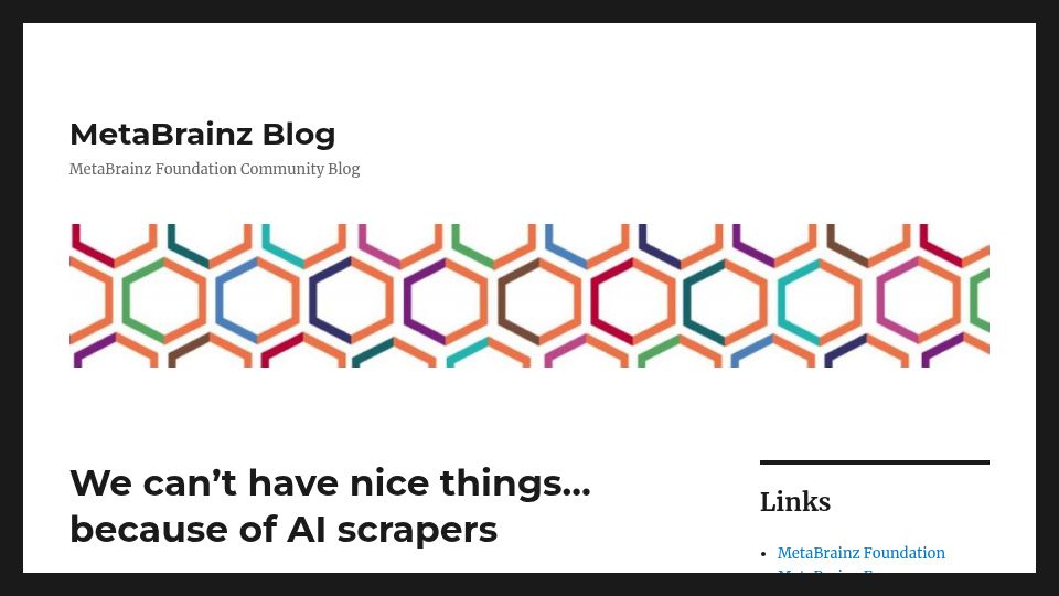Screenshot of blog.metabrainz.org: We can't have nice things because of AI scrapers