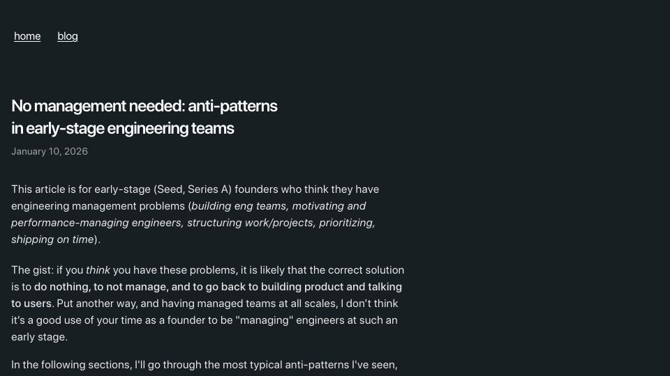 Screenshot of ablg.io: No management needed: anti-patterns in early-stage engineering teams