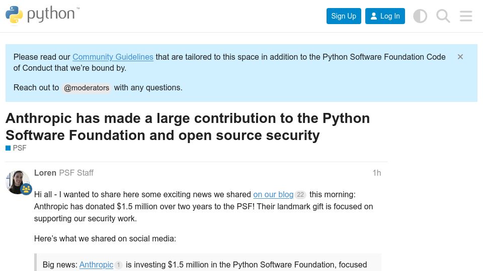 Screenshot of discuss.python.org: Anthropic invests $1.5M in the Python Software Foundation