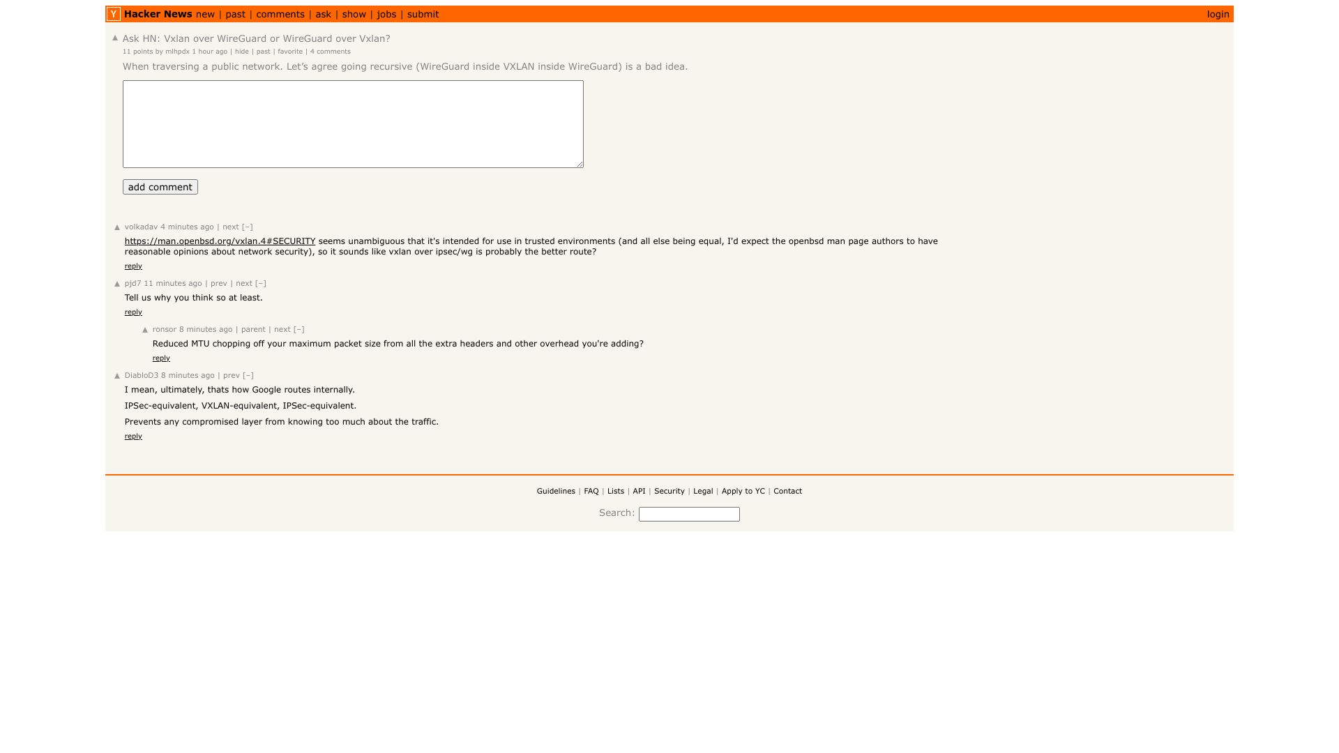 Screenshot of this Hacker News post: Ask HN: Vxlan over WireGuard or WireGuard over Vxlan?