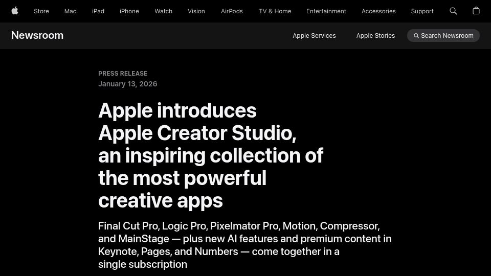 Screenshot of apple.com: Apple Creator Studio