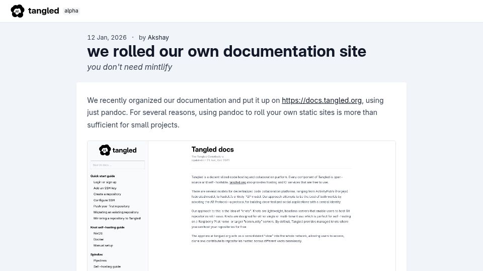 Screenshot of blog.tangled.org: We rolled our own documentation site