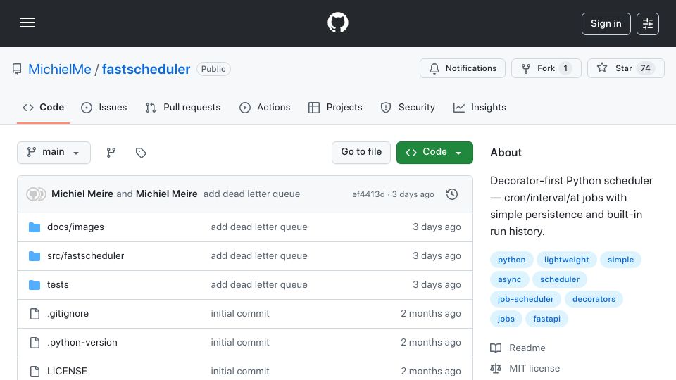 Screenshot of github.com: Show HN: FastScheduler – Decorator-first Python task scheduler, async support