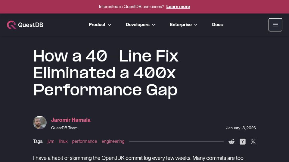 Screenshot of questdb.com: A 40-line fix eliminated a 400x performance gap