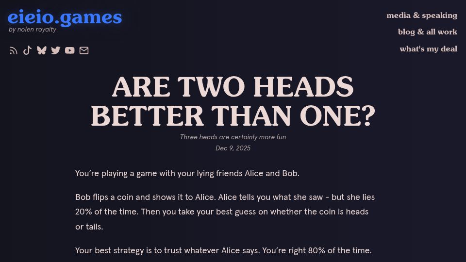 Screenshot of eieio.games: Are two heads better than one?