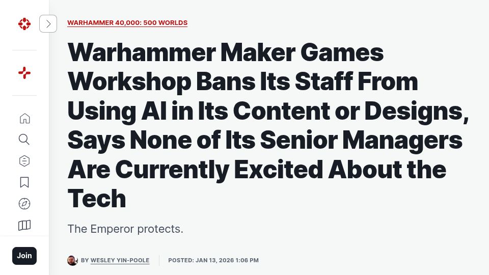 Screenshot of ign.com: Games Workshop bans staff from using AI