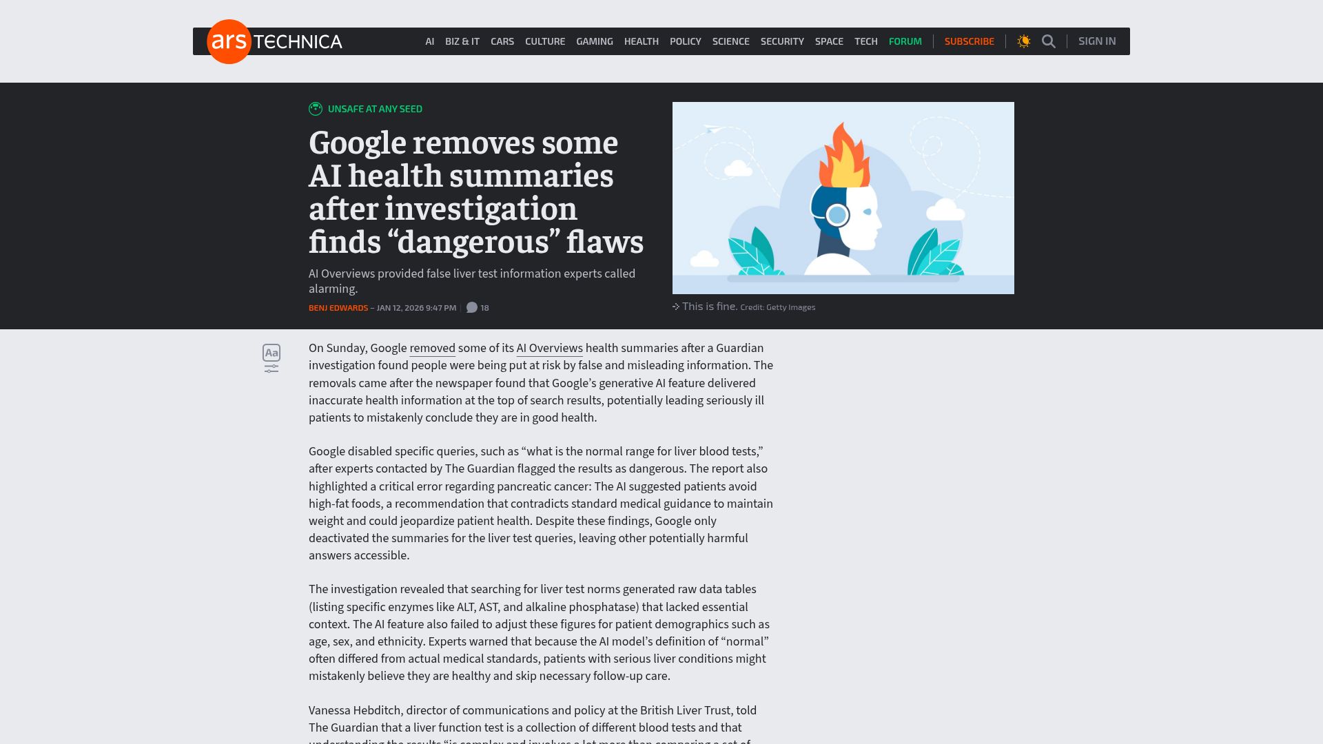 Screenshot of arstechnica.com: Google removes AI health summaries after investigation finds dangerous flaws