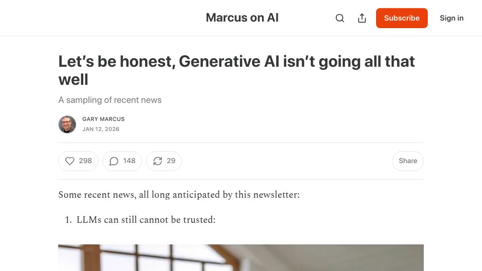 Screenshot of garymarcus.substack.com: Let's be honest, Generative AI isn't going all that well