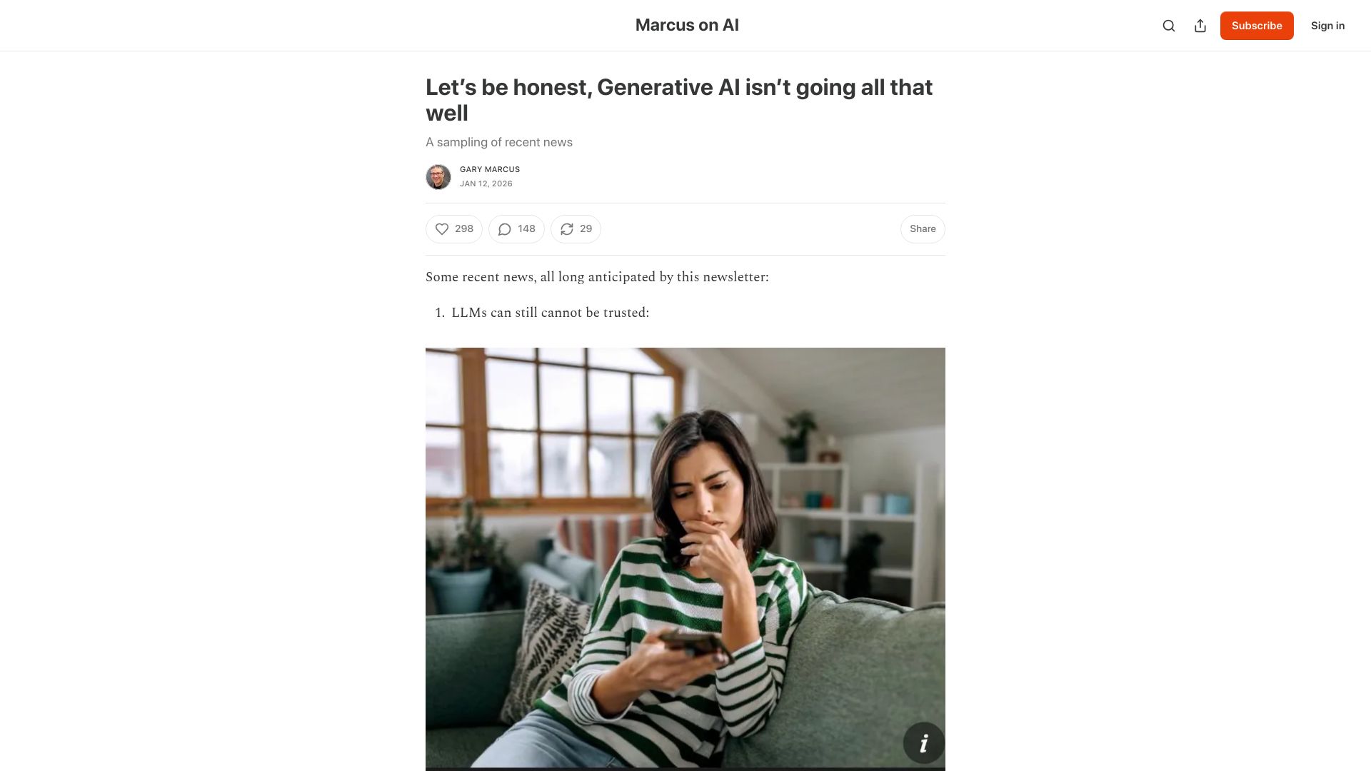 Screenshot of garymarcus.substack.com: Let's be honest, Generative AI isn't going all that well