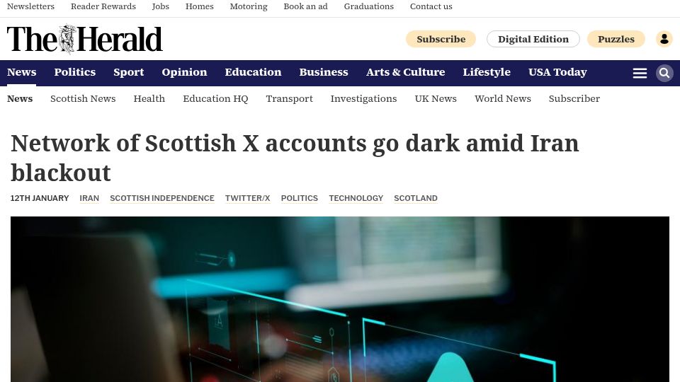 Screenshot of heraldscotland.com: Network of Scottish X accounts go dark amid Iran blackout