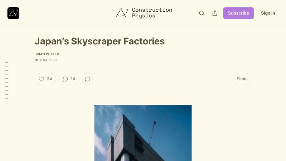 Screenshot of construction-physics.com: Japan's Skyscraper Factories (2021)