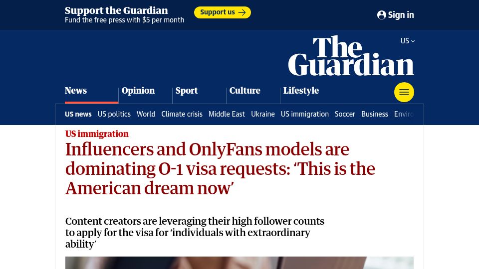 Screenshot of theguardian.com: Influencers and OnlyFans models are dominating U.S. O-1 visa requests