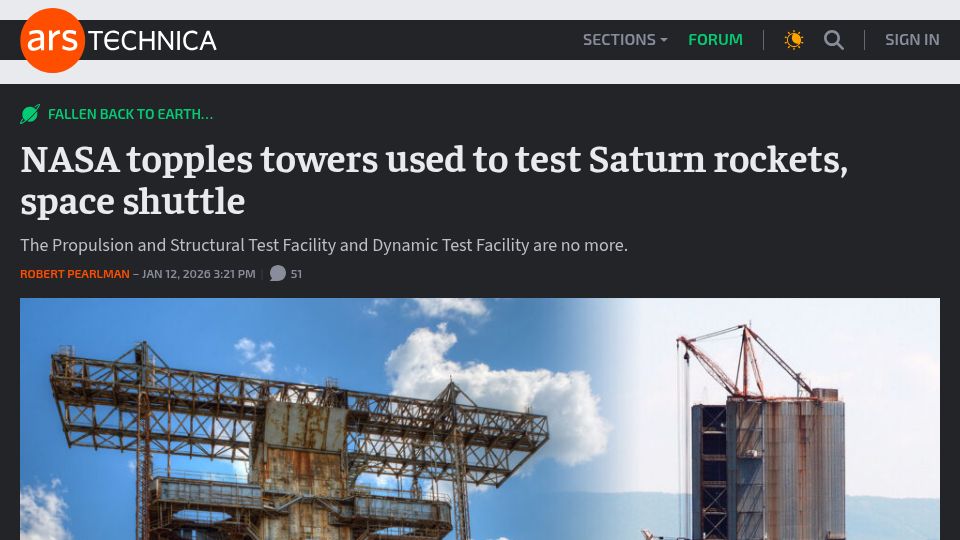 Screenshot of arstechnica.com: NASA topples towers used to test Saturn rockets, space shuttle