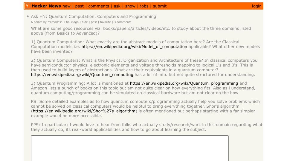 Screenshot of Hacker News post: Ask HN: Quantum Computation, Computers and Programming
