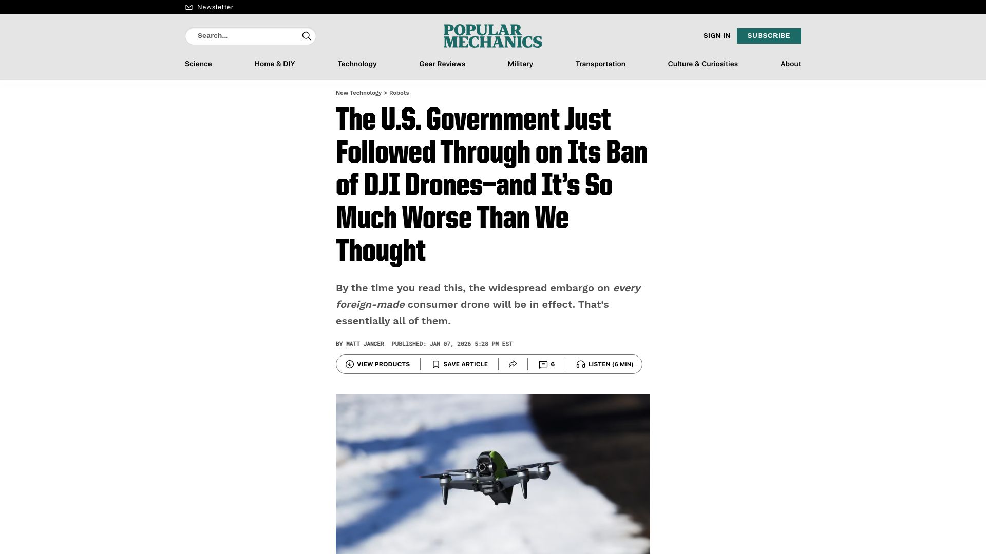 Screenshot of popularmechanics.com: The U.S. Government Just Followed Through on Its Ban of DJI Drones