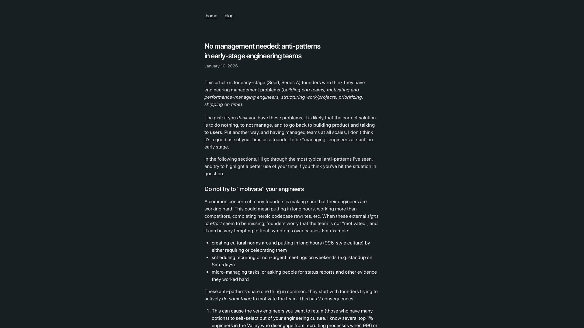 Screenshot of ablg.io: No management needed: anti-patterns in early-stage engineering teams