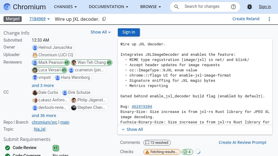Screenshot of chromium-review.googlesource.com: Chromium Has Merged JpegXL