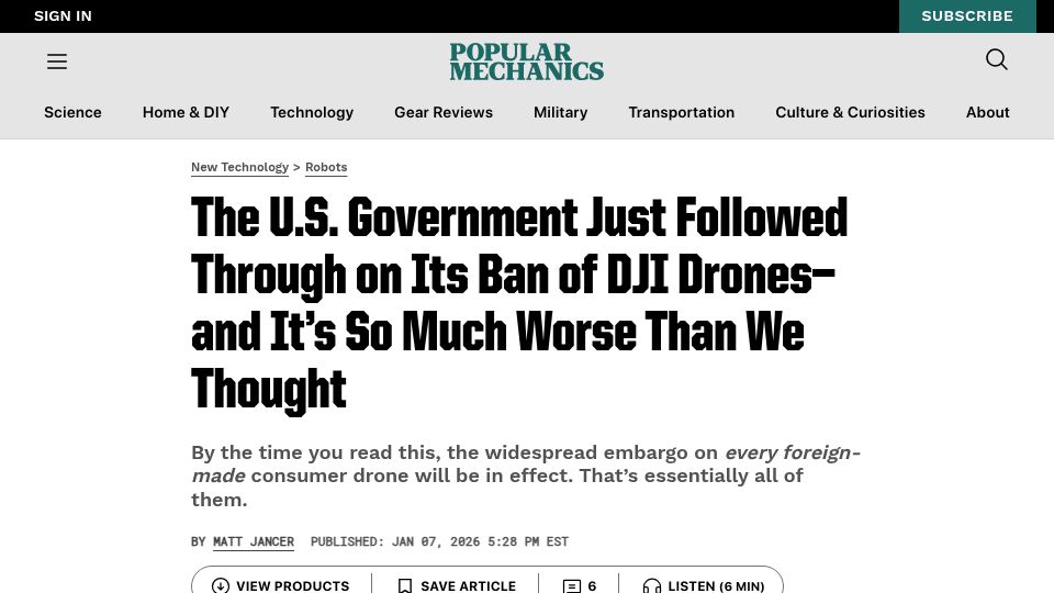 Screenshot of popularmechanics.com: The U.S. Government Just Followed Through on Its Ban of DJI Drones