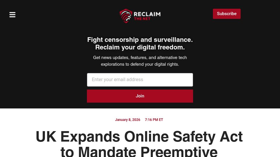 Screenshot of reclaimthenet.org: UK Expands Online Safety Act to Mandate Preemptive Scanning