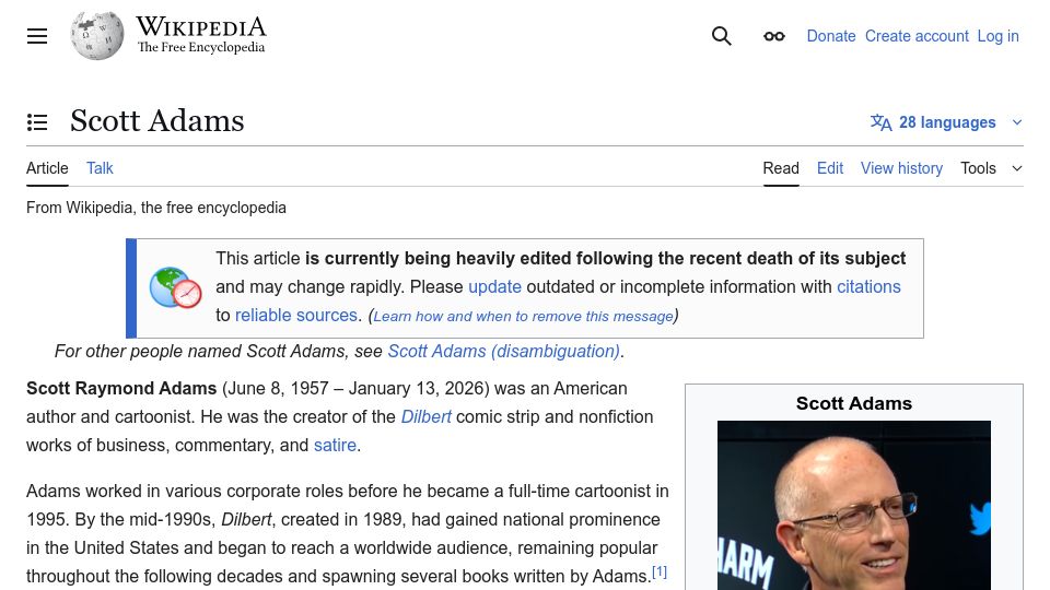 Screenshot of en.wikipedia.org: Scott Adams Dead at 68